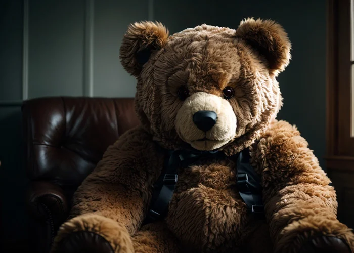Böser, großer Teddybär sitzt vor einem Couch mit grimmigem Blick
