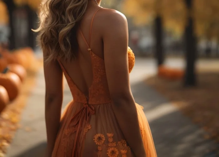 Halloween Spanking: Hübsche Frau in herbstlichem, orangen Kleid vor einem sonnigen Hintergrund