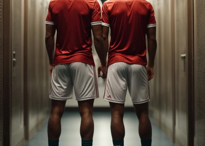 Zwei sexy Fußballer mit weißen Shorts und roten Trikots stehen nebeneinander in der Umkleidekabine nach einem Spiel