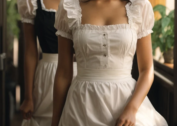 Zwei attraktive Dienstmädchen einer Hausmädchen-Schule in einem schwarzen und einem weißen Outfit
