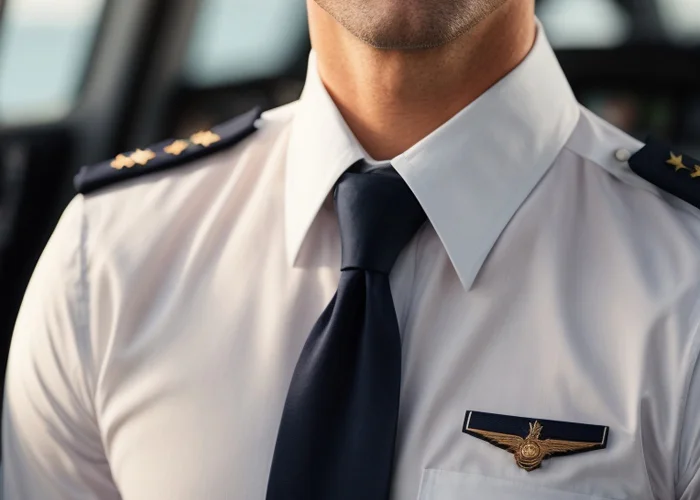 Attraktiver Pilot in einem weißen Hemd mit blauer Krawatte und Flieger-Abzeichen der Airline