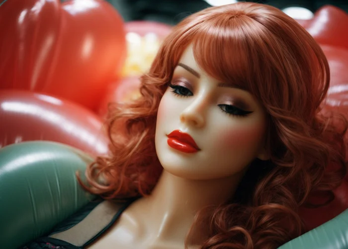 Realistische Liebespuppe mit roten Haaren und attraktivem Gesicht liegt in der Mitte einiger bunter Ballons