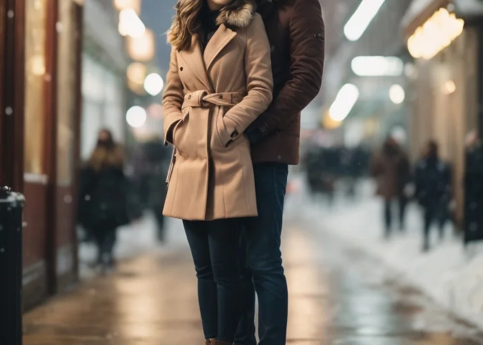 DDLG Beziehung: Süßes Paar steht im Winter bei Dunkelheit auf einer Straße und kuschelt