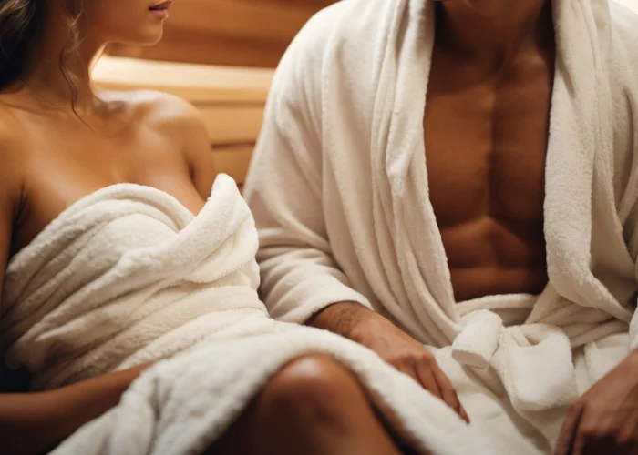Sauna Erotik: Sexy Frau und attraktiver junger Mann mit Sixpack sitzen in weiße Handtücher gehüllt nebeneinander in der Sauna und flirten