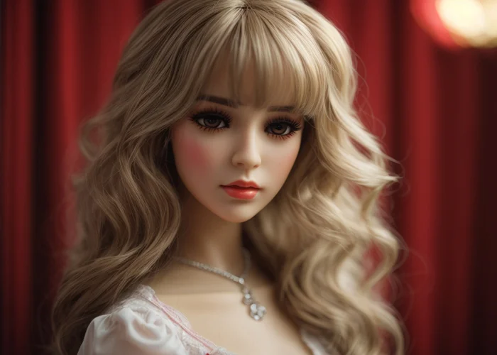 Realistische Sexpuppe mit blonden Haaren und geschminktem Gesicht vor einem roten Hintergrund