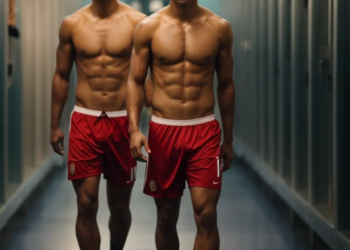 Zwei sexy Fußballspieler mit nacktem Oberkörper und Sixpacks laufen in roten Shorts durch die Umkleidekabine