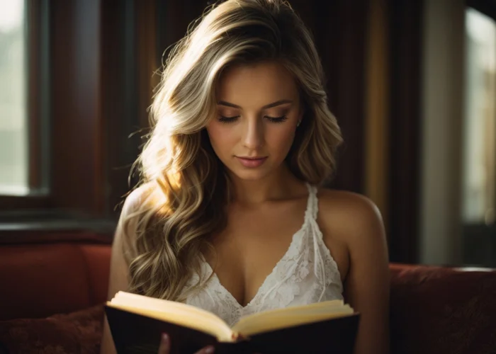 Attraktive junge Frau mit blonden Haaren hält ein Buch in der Hand und liest erregende Geschichten darin