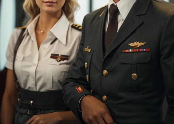Sexy Stewardess und attraktiver Pilot in Uniformen stehen nebeneinander. Erotische Atmosphäre