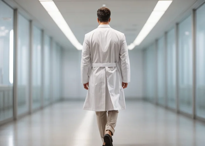 Arzt in weißem Kittel und mit braunem Haare läuft den Gang eines Krankenhauses hinunter