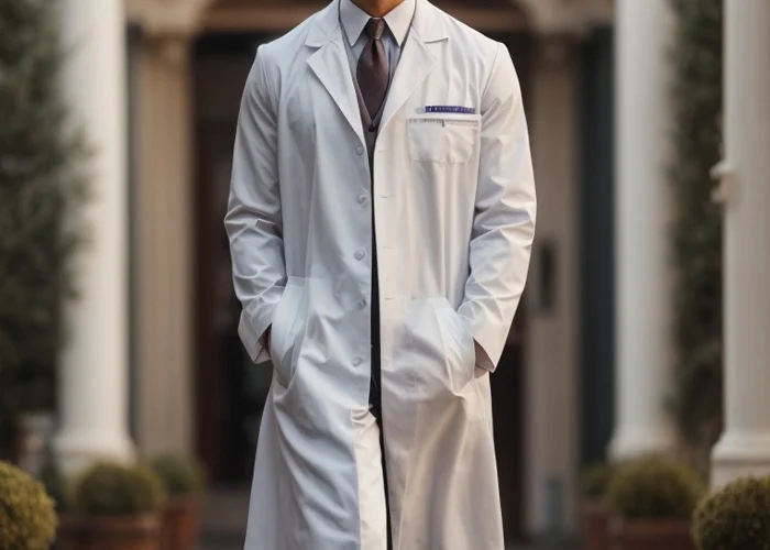 Attraktiver Arzt in einem weißen Kittel und mit Krawatte hat die Hände in den Seitentaschen