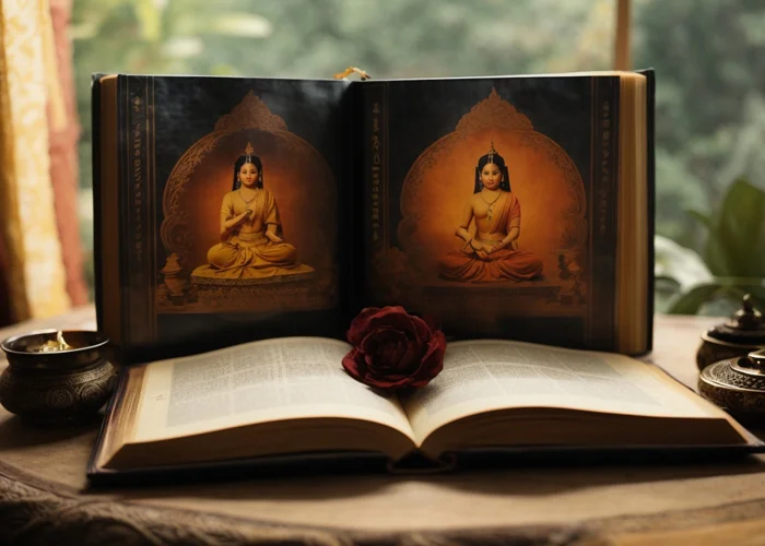 Kamasutra: Buch der Liebe liegt aufgeschlagen auf einem Tisch mit einer roten Rose auf den Seiten