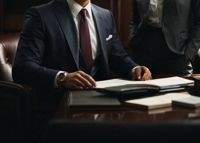 Chef im Anzug mit Krawatte und weißem Hemd sitzt in seinem Büro und seine hübsche Sekretärin steht hinter ihm