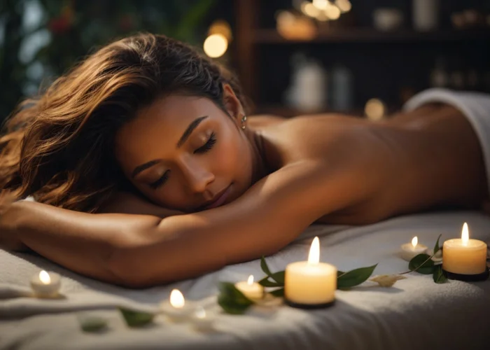 Sinnliche Massage einer jungen Frau mit braunen Haaren und attraktivem Aussehen auf weißem Untergrund und von Duftkerzen umgeben