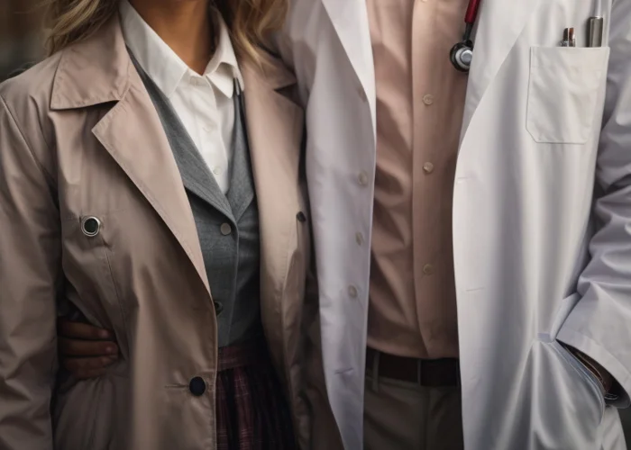 Erotische Rollenspiele: Frau in Schulmädchen-Outfit steht neben einem Mann im weißen Arztkittel
