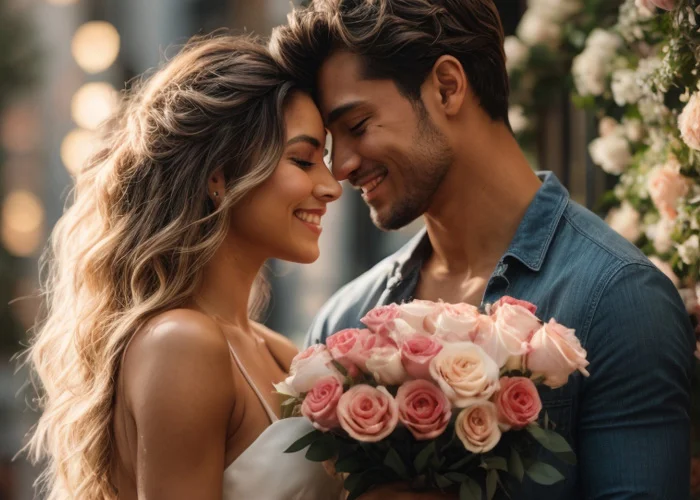 Gutaussehender Mann überreicht einer hübschen Frau einen Strauß Rosen. Kleinigkeiten als Geschenk halten das Liebesleben frisch