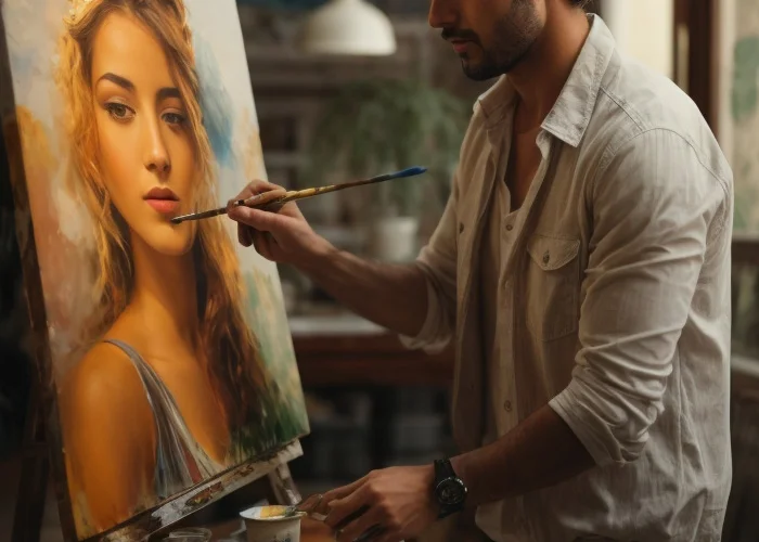 Italienischer Künstler im Hemd malt eine attraktive Frau mit einem Pinsel auf eine Leinwand