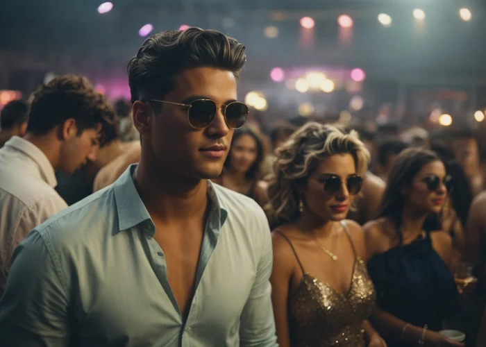 Sexgeschichten Party: Attraktiver Mann mit Sonnenbrille und Hemd auf einer Party