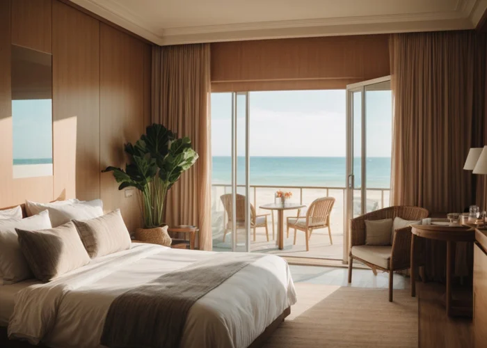 Wunderschönes Hotel am Strand mit toller Aussicht auf das Meer und den Sandstrand vor dem Fenster
