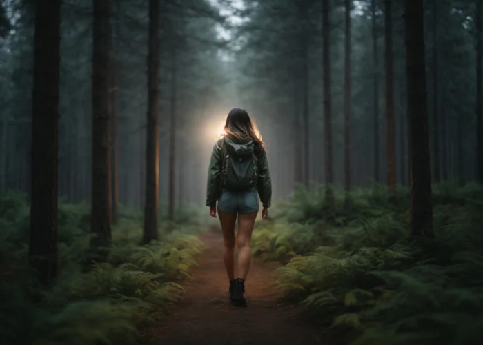 Erotische Geschichten Wald: Junge Frau mit einem Rucksack läuft in der Dämmerung alleine durch einen dunklen Wald