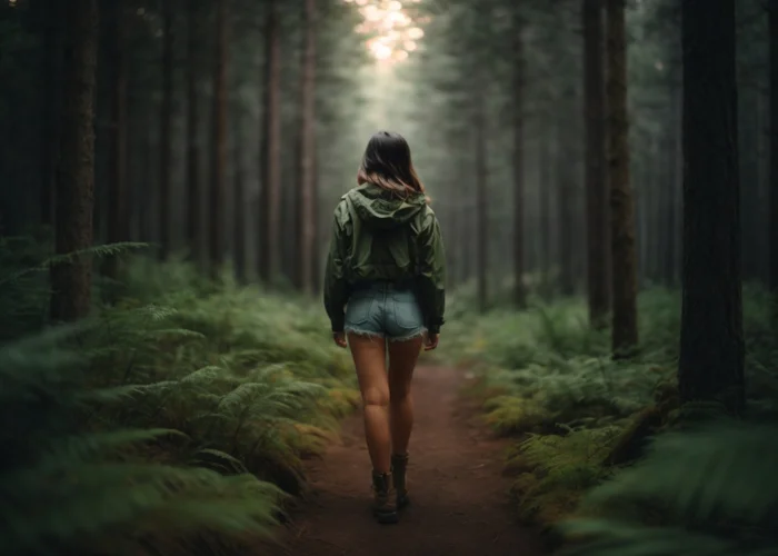 Hübsche Frau nachts allein im Wald. Jeansshorts, braune Haare und sexy Hintern