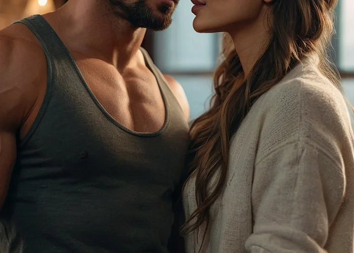 Muskulöser Mann und attraktive Frau stehen sich gegenüber und sehen sich an. Er trägt ein Muskelnshirt und hat einen leichten Bart, sie hat braune Haare, einen weißen Pullover und volle Lippen