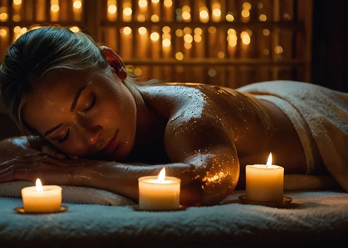 Attraktive Blondine liegt auf einer Massageliege von Kerzen umgeben und entspannt bei einer Massage