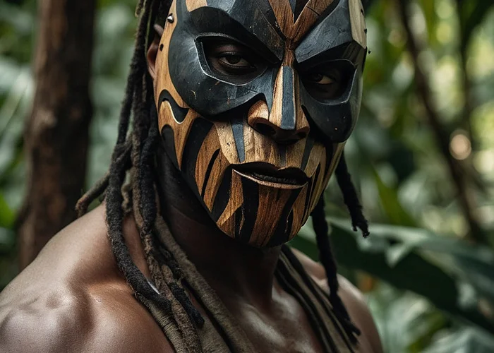 Schwarzer Ureinwohner mit gruseliger Holzmaske steht im Dschungel: Hunter Prey Kink