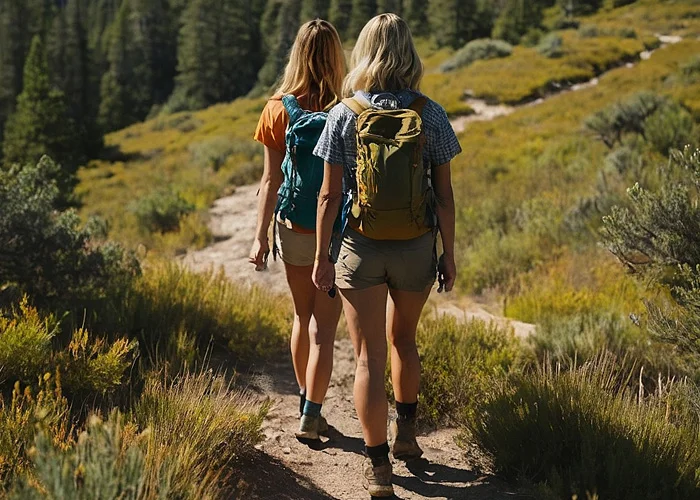 Zwei attraktive Frauen wandern im sexy Outfit mit Rucksäcken im Sommer durch einen Nationalpark