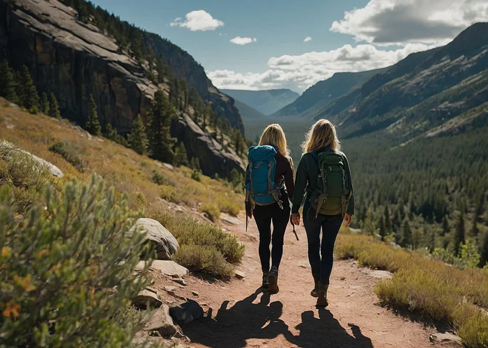 Zwei attraktive junge Frauen wandern in einem Nationalpark im Sommer