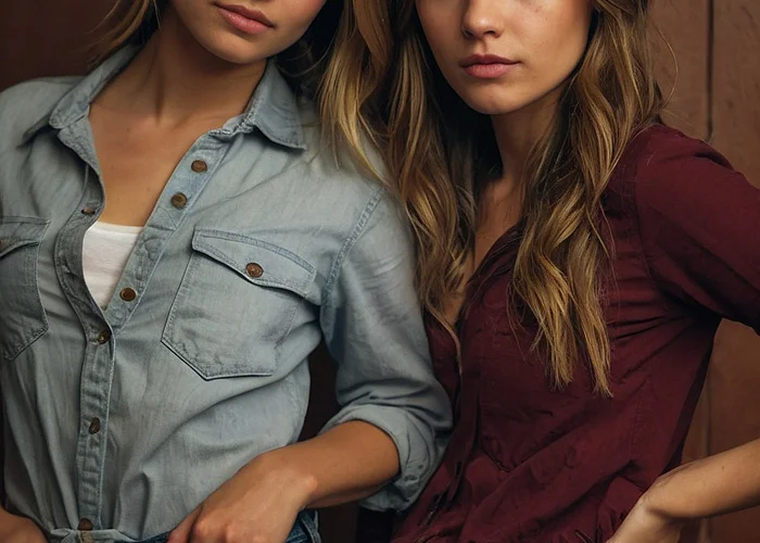 Zwei attraktive Studentinnen stehen nebeneinander. Die erste trägt eine hellblaue Jeans-Bluse, die zweite ein burgunderrotes Oberteil