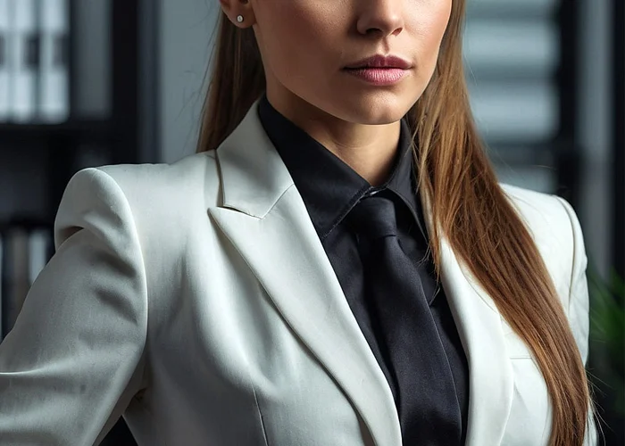 Attraktive Chefin oder sexy Kollegin: Frau mit weißem Blazer und schwarzem Hemd, braunen Haaren und Pferdeschwanz in einem Büro