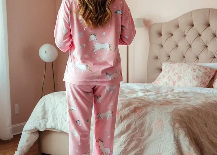 Sexy Frau im pinken Einhorn-Pyjama in einem Schlafzimmer