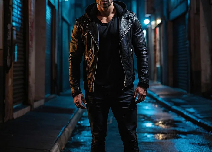 Attraktiver Mann in schwarzer Lederjacke und Bad Boy Outfit in einer dunklen Seitenstraße