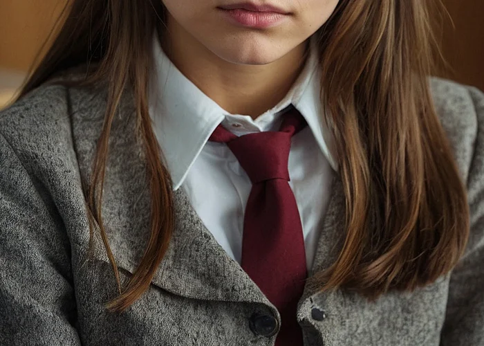 Schülerin in Schuluniform bei der Nachhilfe. Rote Krawatte, weißes Hemd, graue Strickjacke