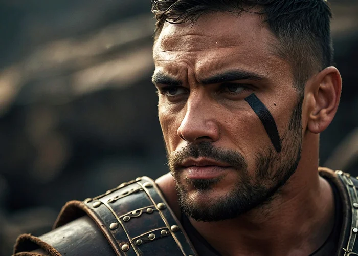 Attraktiver Gladiator mit markantem Gesicht in der Arena