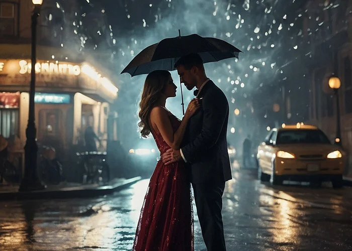 Frau und Mann stehen nachts bei Regen auf der Straße und sehen sich tief in die Augen
