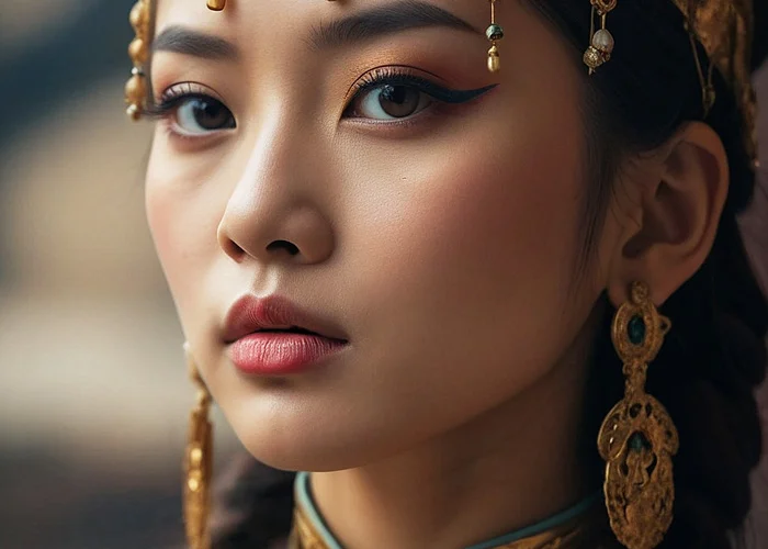 Prinzessin aus dem Orient: Junge Frau mit asiatischen Zügen und prunkvollem Schmuck aus der Antike