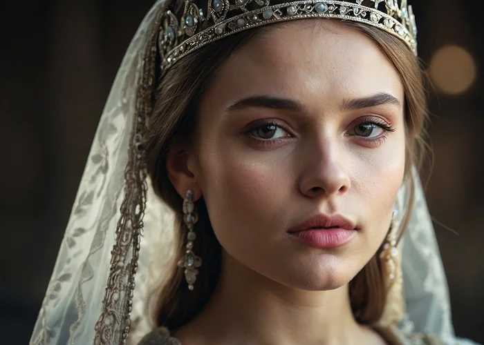 Attraktive Prinzessin im Mittelalter: Junge und attraktive Frau mit zarter Haut und einem Diadem auf dem Kopf