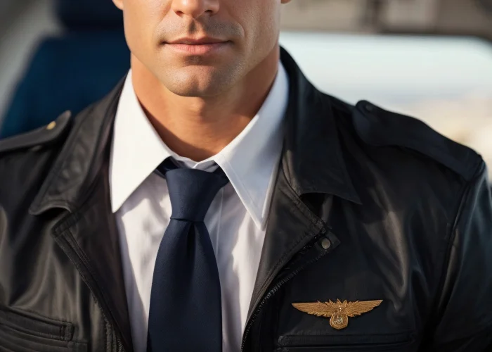 Sexy männlicher Pilot mit kantigem Gesicht im Pilot Outfit im Cockpit eines Flugzeugs