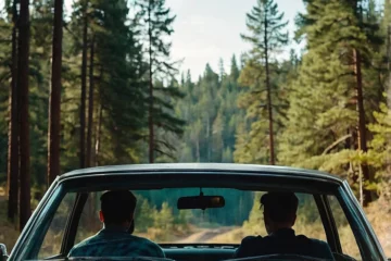 Zwei Männer sitzen gemeinsam im Auto auf einem Feldweg im Wald: Gay Sex Treffen