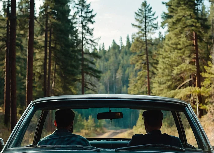 Zwei Männer sitzen gemeinsam im Auto auf einem Feldweg im Wald: Gay Sex Treffen