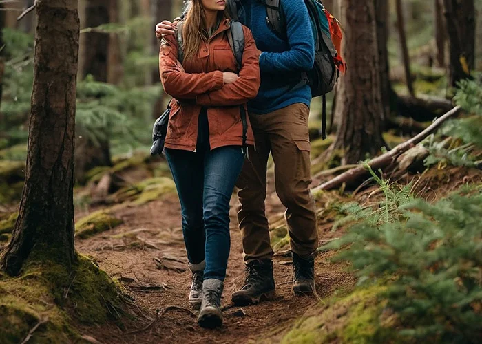 Attraktives Paar beim Wandern im Wald