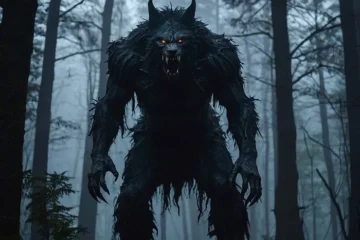Gruseliger Werwolf steht bei Nacht im Wald. Horror Erotik