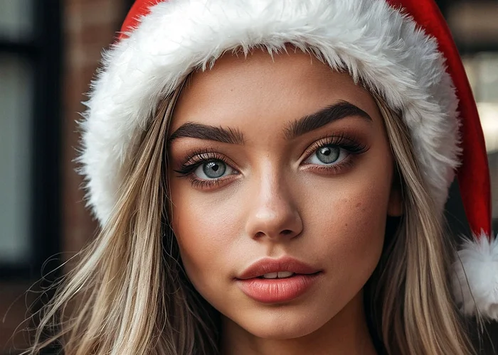 Sexy Frau mit grauen Augen, blonden Haaren und Weihnachtsmütze