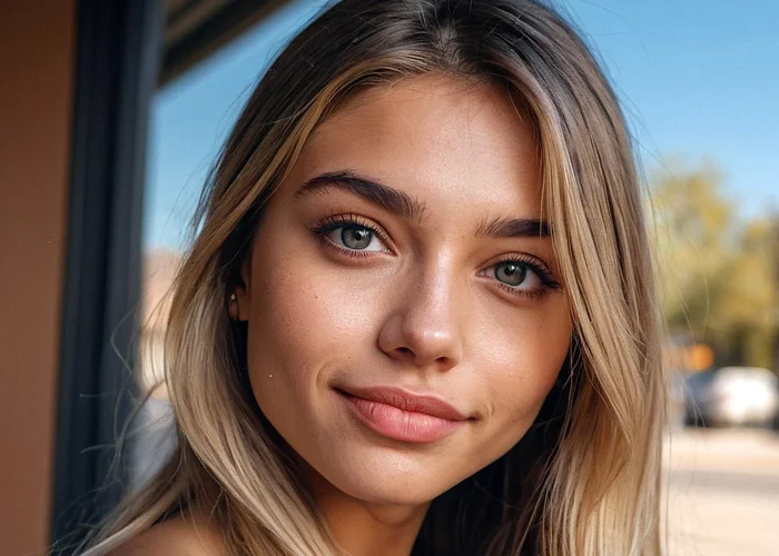 Süße Frau mit blonden Haaren und wunderschönen Augen an einem sonnigen Tag