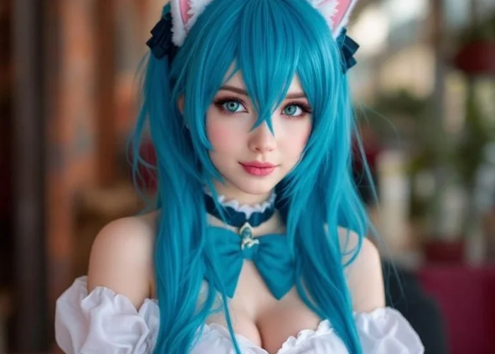 Attraktive junge Frau mit türkisen Haaren in Cosplay Outfit einer Katze