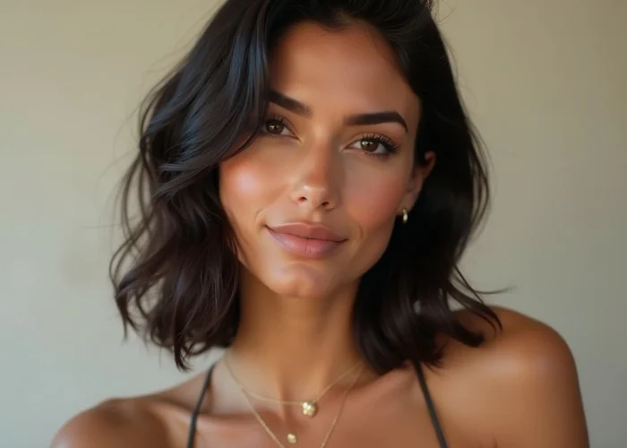 Gutaussehende italienische Frau mit dunkelbraunen Haaren und braunen Augen